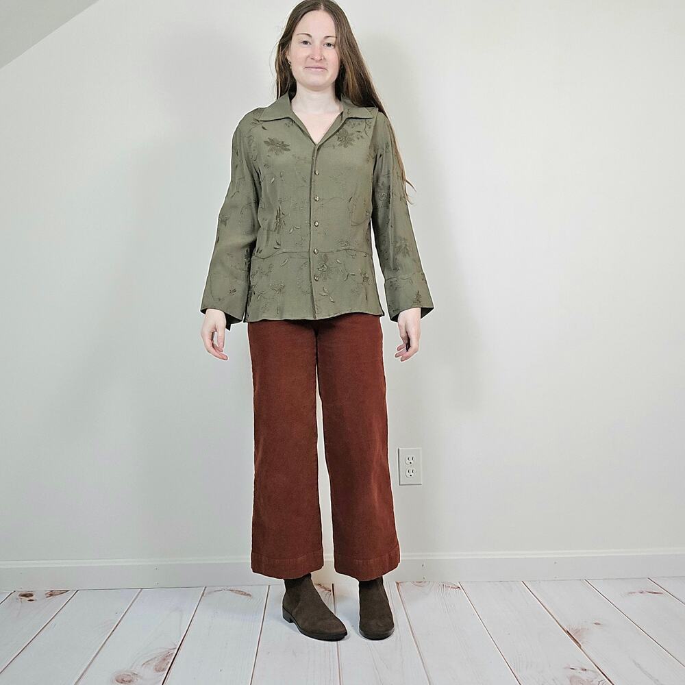 Vintage 90s Y2K Embroidered Button Up Shirt Olive Green Medium